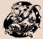  animal_ears hat high_contrast highres inubashiri_momiji leaf looking_at_viewer monochrome nikka_(cryptomeria) serious shield short_hair solo tail tokin_hat touhou wolf_ears wolf_tail 