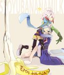  1girl bad_id bad_pixiv_id banana bike_shorts blue_hair blue_shirt elbow_gloves food fruit glasses gloves hubert_ozwell hug hyakuhachi_(over3) leggings looking_back multicolored_hair one_eye_closed open_mouth pascal red_hair scarf shirt sitting tales_of_(series) tales_of_graces two-tone_hair white_hair 