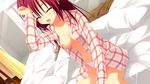  areolae bed bellybutton blush clouds drapes game_cg nipples open_shirt oppai pantsu red_hair smile window 