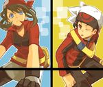  1girl ;p bad_id bad_pixiv_id bag bandana bent_over black_hair blue_eyes brown_hair fangs gloves hat odamaki_sapphire one_eye_closed pokemon pokemon_special red_eyes ruby_(pokemon) shibanashi_miso short_hair tongue tongue_out 