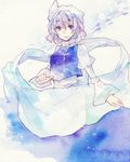  apron blush breasts hat lavender_hair letty_whiterock medium_breasts purple_eyes scarf shiratsuyu short_hair skirt smile snow solo touhou traditional_media watercolor_(medium) white_scarf 