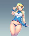  blonde_hair blue_eyes blue_panties blush breasts covered_nipples groin hairband heart heroman imazon lina_davis long_hair medium_breasts navel no_pants panties shirt_tug smile solo standing thigh_gap underwear v 