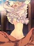  angel angel_wings arms_up blanket blonde long_hair midriff pubic_hair shijimi_(osumashi) sweat uncensored undressing vagina wings 