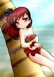  bare_shoulders beach bikini bleedman blush flower long_hair mizugi ocean palm red_eyes sand tree 