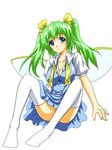  blouse blue_eyes breasts cleavage daiyousei dress green_hair large_breasts long_hair oppai shirt sitting solo thighhighs touhou twin_tails white_thighhighs wings 