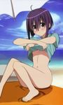  ass beach bellybutton bikini blanket blue_eyes blue_sky blush breasts closed_mouth cloud clouds dressing feet mahou_sensei_negima! miyazaki_nodoka mizugi navel nopan nude ocean purple_hair sand shirt_lift shore short_hair sideboob sky undressing water waves yoshikira 