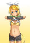  blonde blue_eyes kagamine_rin midriff mutsuki_hiiro navel solo tears vocaloid 