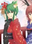  2girls :q brown_eyes cherry_blossoms green_hair hair_bun holding_hands inumimi kemonomimi kimono petals purple_eyes red_hair tongue tree wafuku 