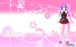  blue_eyes brown_shoes elf elf_ears kureha_(maikaze_no_melt) long_legs long_sleeves looking_at_viewer maikaze_no_melt plaid_tie_and_skirt purple_hair short_sleeves smile striped_socks tenmaso wallpaper 