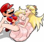  bare_shoulders blonde crown dress eyes_closed happy happy_sex holding_hands long_hair mario nipples no_bra open_mouth oppai princess_peach sex smile super_mario_bros. sweat 