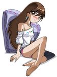  bare_foot bare_shoulders bed bleedman brown_eyes brown_hair earring long_hair oppai pillow shirt smile 