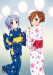  2girls alternate_hairstyle blue_hair braid brown_hair green_eyes hair_up high_res index iyakun kimono misaka_mikoto multiple_girls obi short_hair smile to_aru_majutsu_no_index wafuku yukata 