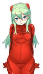  alternate_color alternate_hairstyle asuka_langley blue_eyes bodysuit frown green_hair hairpods long_hair neon_genesis_evangelion nishieda plugsuit plump 