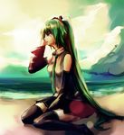  beach black_thighhighs blouse cloud detached_sleeves green_eyes green_hair hand_in_hair hand_on_head hatsune_miku long_hair necktie ocean open_mouth pleated_skirt renevatia sand shirt sitting skirt sky sleeveless sleeveless_blouse thighhighs twin_tails very_long_hair vocaloid water 