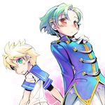  2boys blonde green_eyes green_hair kagamine_len male mizuki_kotora neckerchief red_eyes school_uniform serafuku short_hair shota vocaloid 