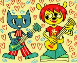  blonde_hair blue_fur bovid caprine clothed clothing domestic_cat felid feline felis fur guitar hair katy_kat kewlbot lammy_lamb mammal musical_instrument parappa_the_rapper red_hair sheep source_request video_games yellow_fur 