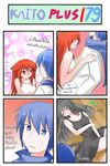  2girls 4koma animal_ears between_legs black_dress black_hair blue_eyes blue_hair blush breast_press breasts cat_ears cat_tail catstudioinc_(punepuni) comic dress hand_between_legs highres in_heat kaito kuro_(miku_plus) leaf long_hair lying matatabi_(flower) medium_breasts multiple_girls older on_back original pink_dress puni_(miku_plus) red_eyes red_hair scarf shirt short_hair sweat tail thai translated vocaloid 