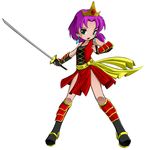  armor bleedman boots crown earrings green_eyes jewelry loli princess purple_hair samurai short_hair sword 