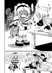  alice_margatroid arms_behind_back bare_legs blush bow child comic dress greyscale hat hat_bow hat_removed headband headwear_removed heart kirisame_marisa long_hair monochrome multiple_girls table touhou translation_request yuki_hime_haruka 