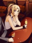  blonde breasts cleavage drink futanari_onna_agent_sennyuu_shippai grey_eyes hand_on_cheek large_breasts long_hair ponytail shouji_minami torigoe_takumi 