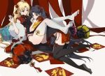  2girls alternate_costume bangs black_hair black_legwear blonde_hair china_dress chinese_clothes dress earrings ereshkigal_(fate/grand_order) fate/grand_order fate_(series) full_body hair_ornament holding hoop_earrings infinity ishtar_(fate/grand_order) jewelry long_hair multiple_girls parted_bangs red_eyes side_slit smile thighhighs two_side_up white_legwear yaoshi_jun 