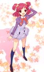  absurdres doujinshi dress hair_bobbles hair_ornament highres itou_noiji l'ecole_des_cinq_lumieres_school_uniform open_mouth pink_eyes pink_hair precure puffy_sleeves purple_skirt red_eyes red_hair ribbon school_uniform skirt smile socks solo twintails yes!_precure_5 yumehara_nozomi 