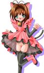  bell black_thighhighs boots brown_hair card_captor_sakura cat_tail dress dress_lift green_eyes kemonomimi kinomoto_sakura nekomimi nopan open_mouth paipan short_hair smile tail thighhighs vagina 