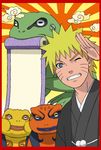  blonde_hair blue_eyes cloud gamakichi_(naruto) gamatatsu_(naruto) japanese_clothes kikutake_ranmaru naruto_(series) naruto_shippuuden one_eye_closed rising_sun salute scroll smile sunburst toad_(animal) uzumaki_naruto 