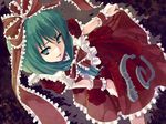  colorized dress frills front_ponytail green_eyes green_hair hair_ribbon highres kagiyama_hina light_particles mikage_kirino mizutsuki_arika ribbon short_hair solo touhou 