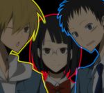  2boys black_hair blonde_hair blue_eyes bob_cut brown_eyes durarara!! glasses kida_masaomi multiple_boys roy_(pixiv328934) ryuugamine_mikado school_uniform short_hair sonohara_anri 