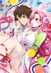  1girl breasts brown_hair candy choker cleavage code_geass couple dress euphemia_li_britannia flower food formal gloves green_eyes heart hetero holding_hands kurimomo kururugi_suzaku large_breasts long_hair macaron necktie pastry pink_hair purple_eyes ribbon short_hair suit white_gloves 