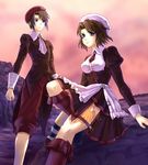  1girl beret black_hair blue_eyes brown_hair determined hat kanon_(umineko) maid man_dam serious shannon skirt socks tattoo umineko_no_naku_koro_ni 