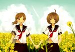  ahoge bad_id bad_pixiv_id brown_eyes brown_hair cloud day field flower flower_field holding_hands multiple_girls navel open_mouth original ponytail rapeseed_blossoms school_uniform serafuku short_hair sky tamayo wind 