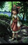  bad_id bad_pixiv_id black_hair bow brown_eyes detached_sleeves face forest gohei hakurei_reimu highres kurione_(zassou) letterboxed mary_janes nature ribbon shade shoes solo stairs touhou tree walking water 