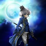  absurdres black_hairband blue_eyes cosplay devil_may_cry full_moon hairband highres katana konpaku_youmu moon moumuri sheath sheathed short_hair silver_hair solo sword touhou vergil vergil_(cosplay) weapon 