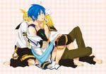  2boys akiyoshi_(tama-pete) bad_id bad_pixiv_id barefoot bisexual_(male) blonde_hair blue_eyes blue_hair blue_scarf blush brother_and_sister closed_eyes feet hair_ribbon headphones hug kagamine_len kagamine_rin kaito kiss licking multiple_boys ribbon scarf short_hair shorts siblings twins vocaloid 