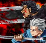  armor berserk berserker_armor black_armor black_hair blood crossover devil_may_cry dragonslayer_(sword) guts katana m.u.g.e.n male_focus multiple_boys nagare sheath sword unsheathing vergil weapon white_hair yamato_(sword) 