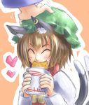  ^_^ animal_ears blush brown_hair cat_ears cat_tail chen closed_eyes eating food hat heart jewelry multiple_tails out_of_frame petting short_hair simple_background single_earring sketch solo_focus tail touhou ura_(05131) 