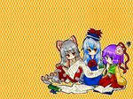  :&lt; bad_id bad_pixiv_id blue_eyes blue_hair blush book flower fujiwara_no_mokou hair_flower hair_ornament hair_ribbon hat hat_ribbon hieda_no_akyuu japanese_clothes kamishirasawa_keine kimono long_hair multicolored_hair multiple_girls ofuda orange_eyes paper purple_hair red_eyes ribbon scroll short_hair silver_hair suspenders takamura touhou very_long_hair yagasuri 