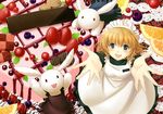  :3 apron banned_artist blonde_hair blue_eyes bunny cake chocolate cookie dress food fruit icing looking_up maid maid_headdress nacht open_mouth outstretched_arms outstretched_hand pastry reaching smile 