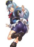 :o ass bike_shorts blue_hair blue_legwear boots bow elf elvaan final_fantasy final_fantasy_xi hat kneehighs long_hair looking_at_viewer looking_back nakamura_yukitoshi open_mouth pointy_ears prishe simple_background solo upskirt white_background 