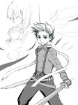  buttons colette_brunel collet_brunel interlocked_fingers lloyd_irving monochrome praying short_hair simple_background sword tales_of_(series) tales_of_symphonia weapon 