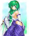  bare_shoulders breasts detached_sleeves frog green_eyes green_hair hair_ornament kochiya_sanae long_hair medium_breasts no_bra no_panties onsoku_maru side_ponytail sideboob smile snake solo thighs touhou 