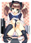  animal_ears bandaid bandaid_on_knee black_legwear blouse blue_panties blush bow bowtie brown_hair cat_ear_headphones cat_ears feet game_console handheld_game_console happy headphones ikeda_yasuhiro kneehighs legs long_sleeves nintendo_ds open_mouth original panties pantyshot pantyshot_(sitting) playing_games playstation_3 playstation_portable purple_eyes school_uniform shiny shiny_hair sitting skirt smile socks solo striped striped_panties sweater_vest twintails underwear wii xbox_360 