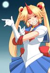  back_bow bishoujo_senshi_sailor_moon blonde_hair blue_sailor_collar blue_skirt blush bow choker cosplay double_bun elbow_gloves gloves grin harukana_(pixiv) horn hoshiguma_yuugi long_hair magical_girl one_eye_closed parody red_bow red_choker red_eyes sailor_collar sailor_moon sailor_moon_(cosplay) sailor_senshi_uniform skirt smile solo touhou tsuki_ni_kawatte_oshioki_yo twintails white_gloves 