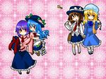  bad_id bad_pixiv_id bag blonde_hair blue_eyes blue_hair blush braid brown_eyes brown_hair food frills fruit gap hair_ribbon hat hat_ribbon hinanawi_tenshi holding_hands keystone long_hair maribel_hearn multiple_girls nagae_iku peach porkpie_hat purple_hair red_eyes ribbon rock rope satchel scarf shimenawa short_hair takamura touhou usami_renko 