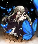  blonde_hair bug butterfly eden_they_were_only_two_on_the_planet insect kuroi_mimei long_hair outstretched_arm outstretched_hand ponytail reaching red_eyes sion_(eden) solo very_long_hair 