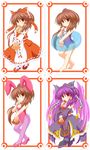  alternate_color alternate_hairstyle animal_ears barefoot black_sleeves brown_hair bunny_ears bunnysuit card cosplay detached_sleeves hakurei_reimu highres holding holding_card innertube leotard long_hair marimo_(artist) meimu multiple_girls one-piece_swimsuit pantyhose pink_leotard ponytail red_eyes school_swimsuit swimsuit touhou white_sleeves 