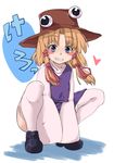  bad_id bad_pixiv_id blonde_hair blue_eyes blush_stickers frog hair_ribbon hat heart kariinu looking_at_viewer moriya_suwako ribbon short_hair sidelocks skirt sleeves_past_wrists solo speech_bubble squatting text_focus thighhighs touhou translated white_background white_legwear wide_sleeves 