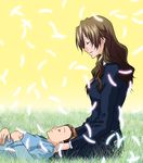  bad_id bad_pixiv_id brown_hair closed_eyes edasaki_banri feathers grass hairband kiyama_harumi lap_pillow long_hair lying multiple_girls pencil_skirt short_hair skirt to_aru_kagaku_no_railgun to_aru_majutsu_no_index udon_(shiratama) 